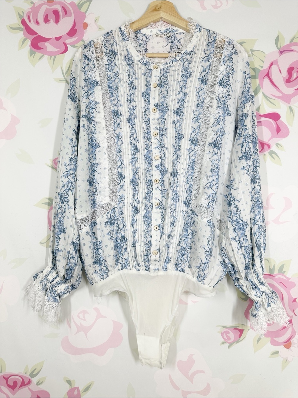 NEW Free People Intimately After Hours White Blue Floral Lace Button Bodysuit M